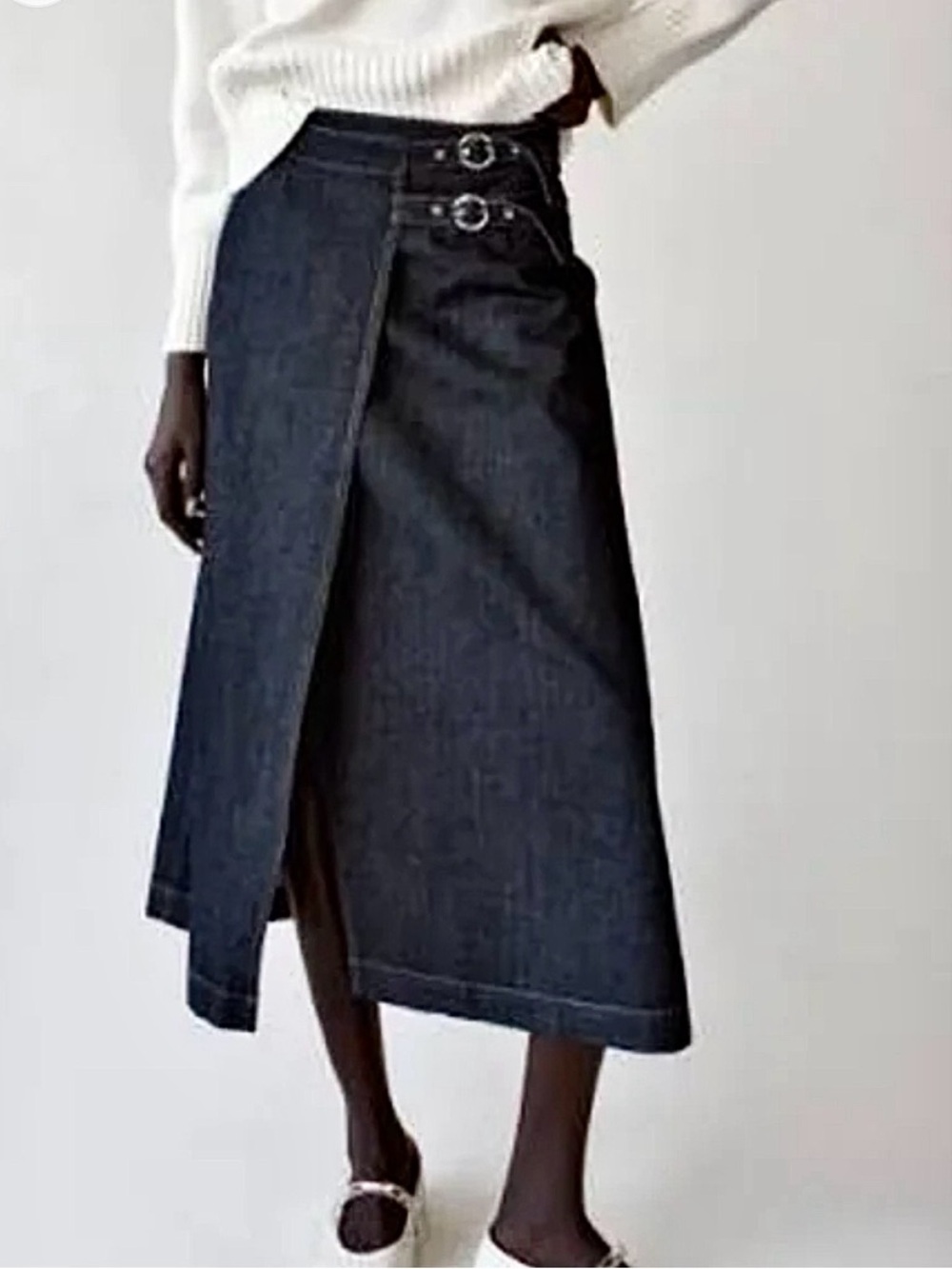 Wrap-Front Midi Denim Skirt in Dark Blue - Picture 2 of 7